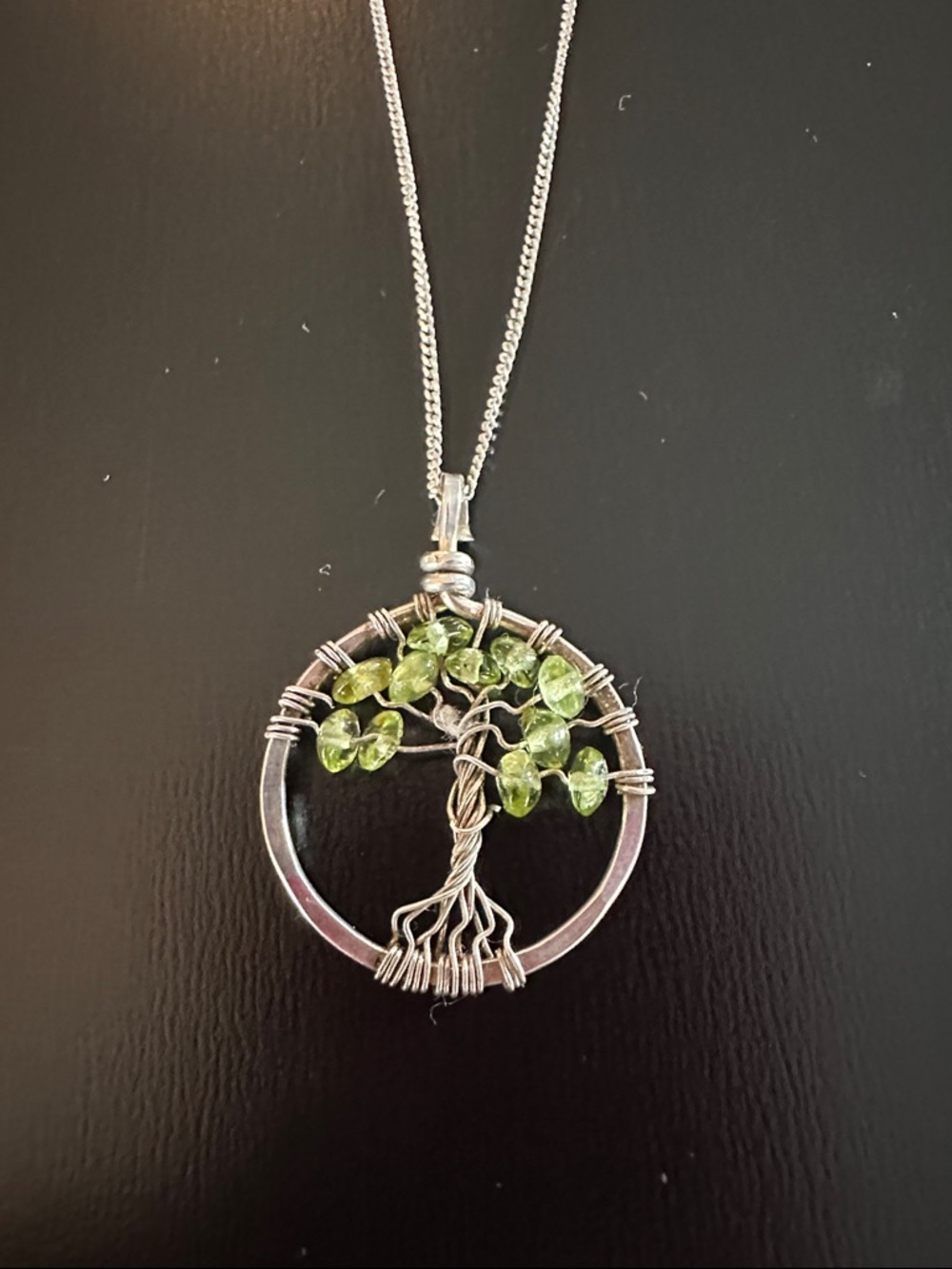 Silver Green Glass Tree Pendant Necklace